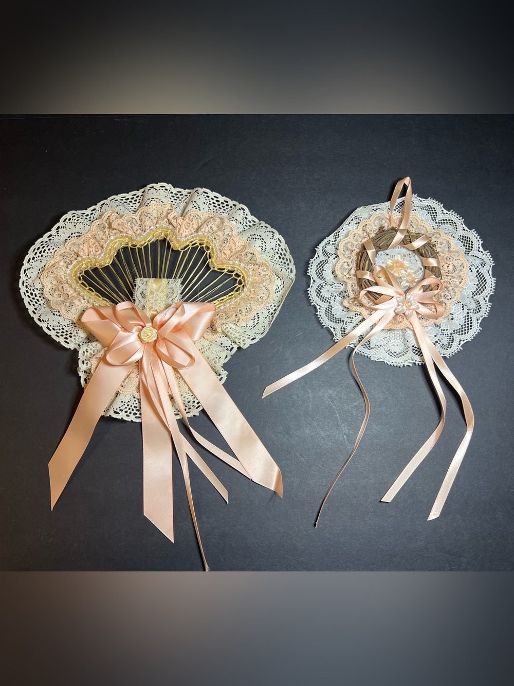 Vintage Set of 2 Cottagecore Peach & White Ruffle Lace Fan & Wreath Wall Hangers